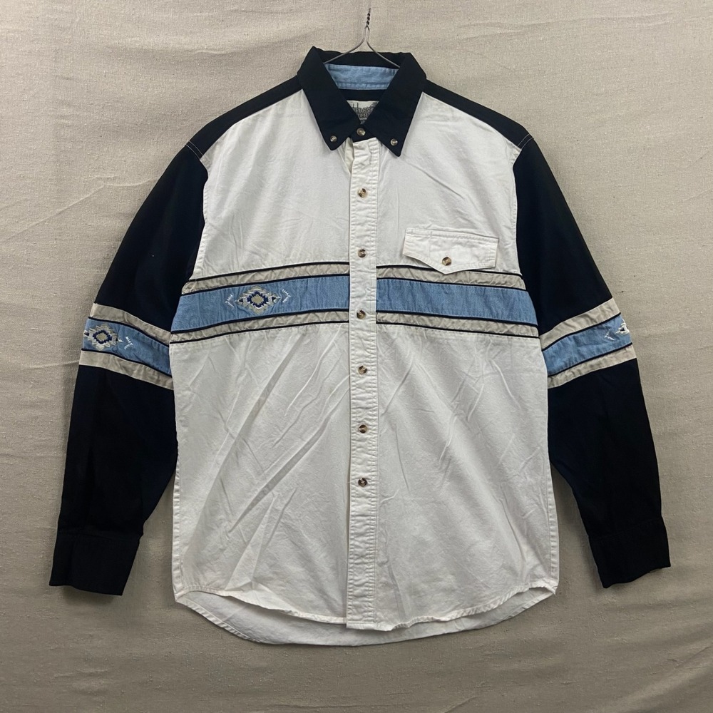 Express Rider Western Shirt M White‎ Black Colorblock Embroidered Long Sleeve